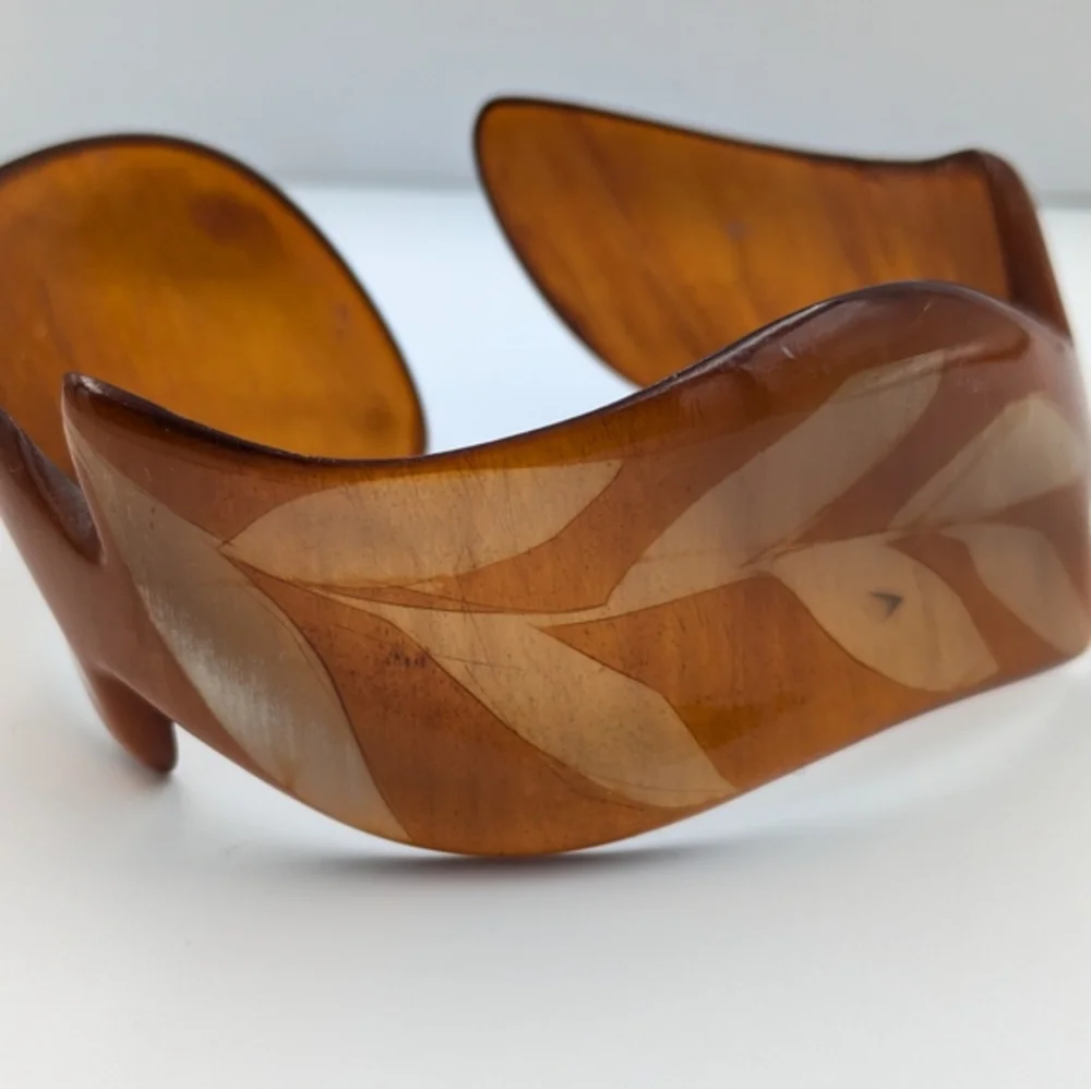 Vintage stunning brown bangle cuff bracelet with leaf pattern - Picture 2 of 7